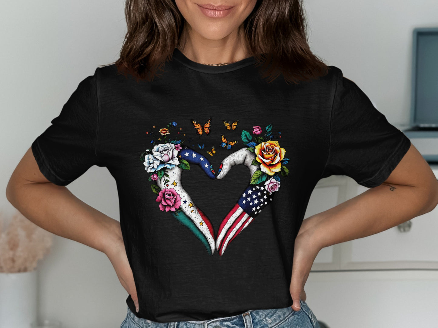 Heart Shaped American Flag Design Black T-Shirt product type