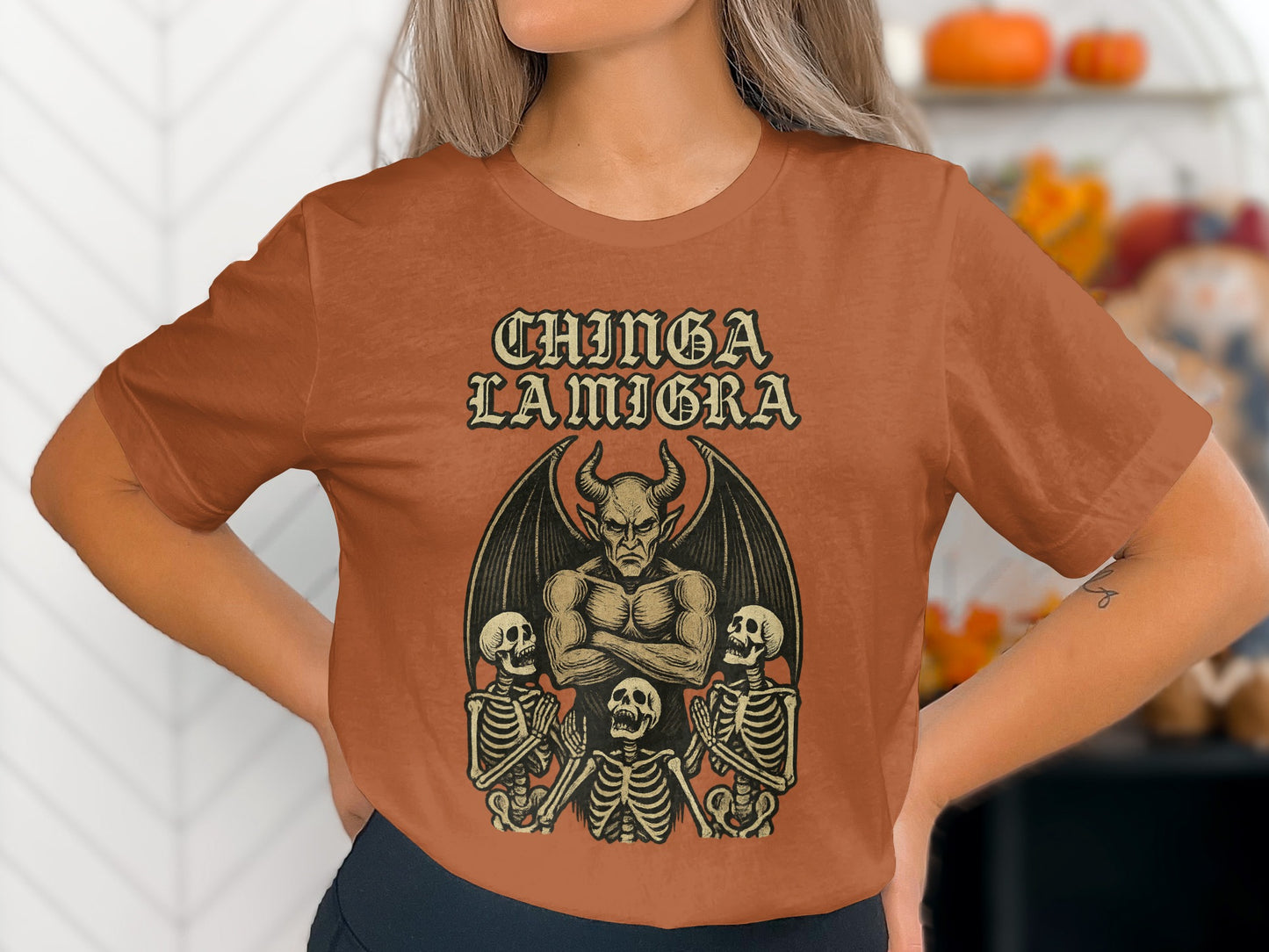 Chinga La Migra Demon With Skeletons Graphic T Shirt product