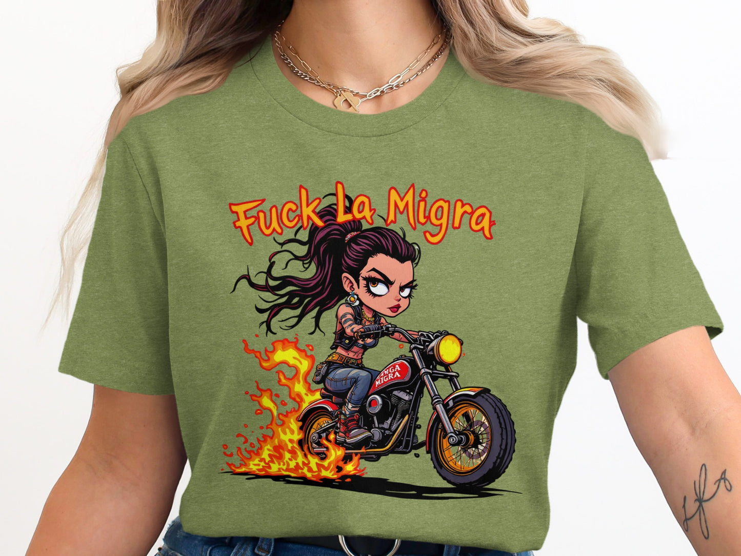 Fuck La Migra Fiery Motorcycle Graphic T-Shirt product