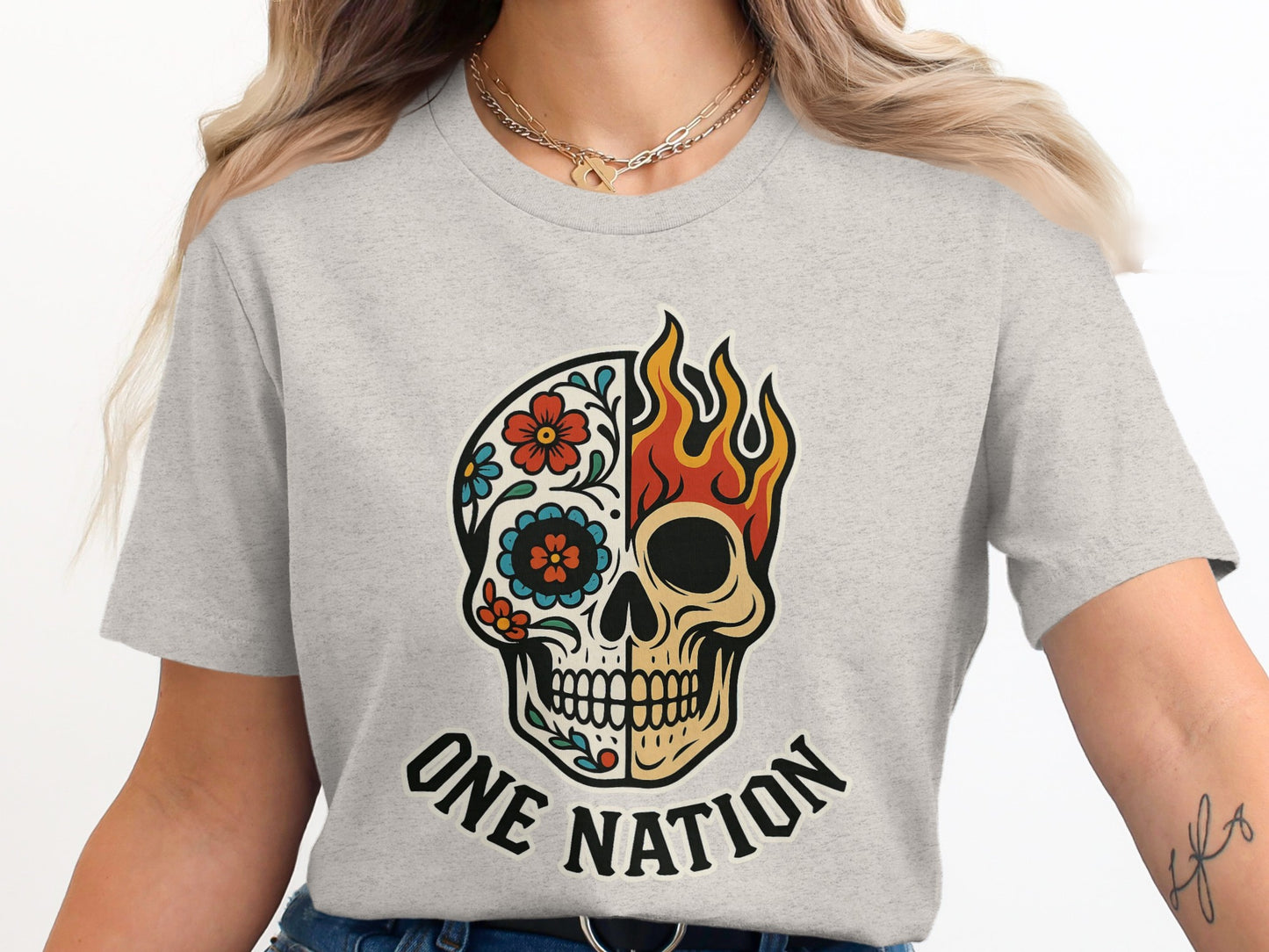 One Nation Floral and Flame Skull Graphic Shirt product type