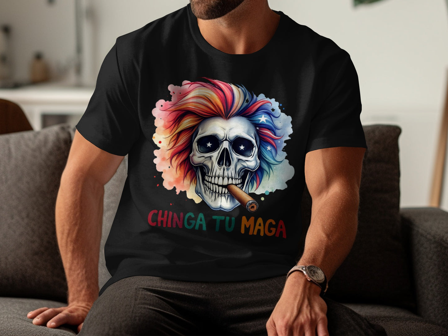 Chinga tu maga skull with colorful hair T-shirt product