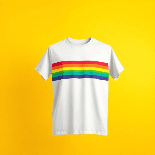 A vibrant rainbow t-shirt with bold stripes displayed against a cheerful background, radiating joy and positivity.