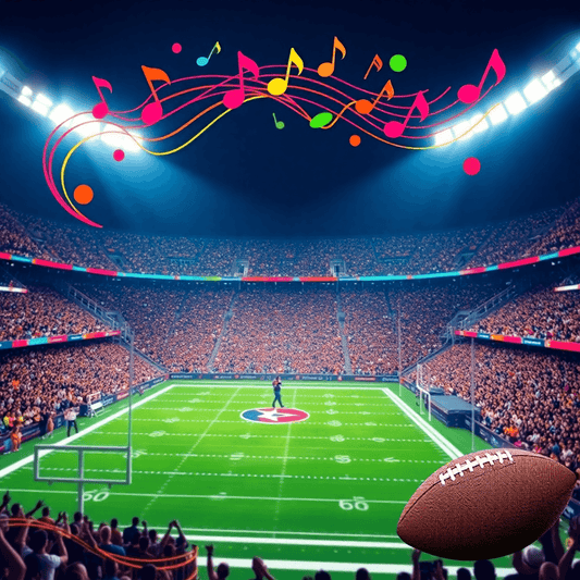Outdoor stadium filled with cheering fans under bright lights, colorful musical notes and sound waves above, blending tropical motifs with football elements in 