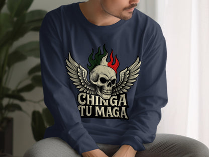 Chinga Tu Maga Skull Wings Graphic Long Sleeve Shirt