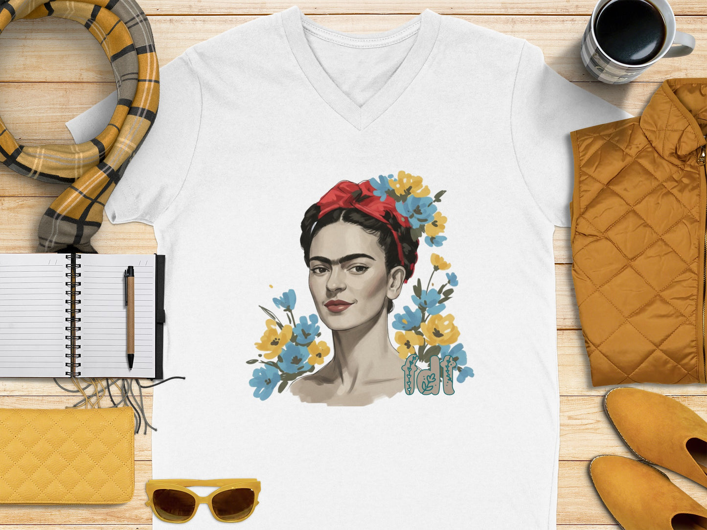 Artistic Floral Portrait V-Neck T-shirt Design