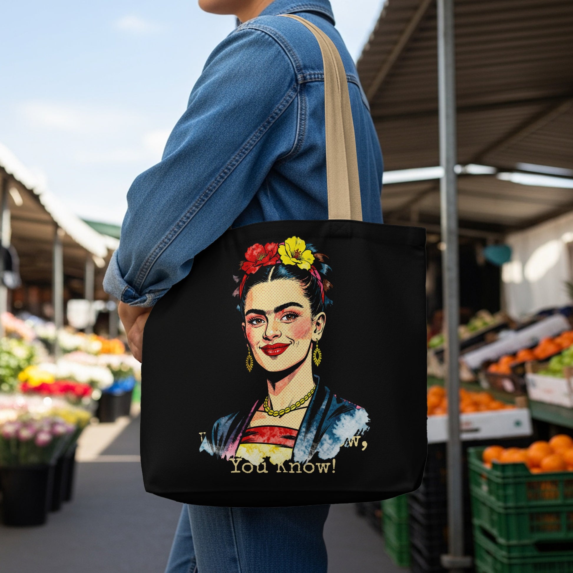 Tote bag with Frida Kahlo artwork and "You know!" text.