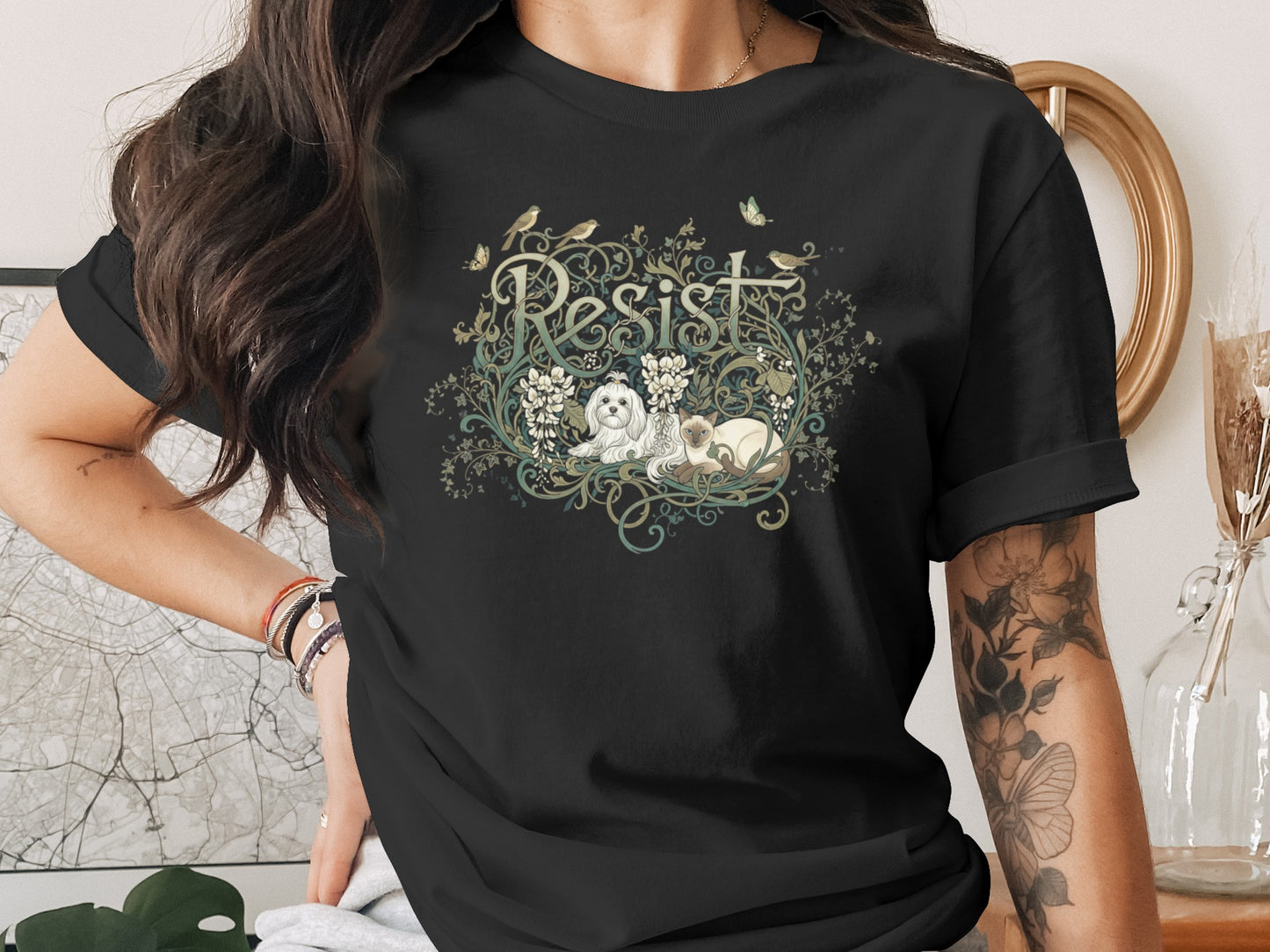 Resist Graphic Tees with Cute Dog and Nature Elements