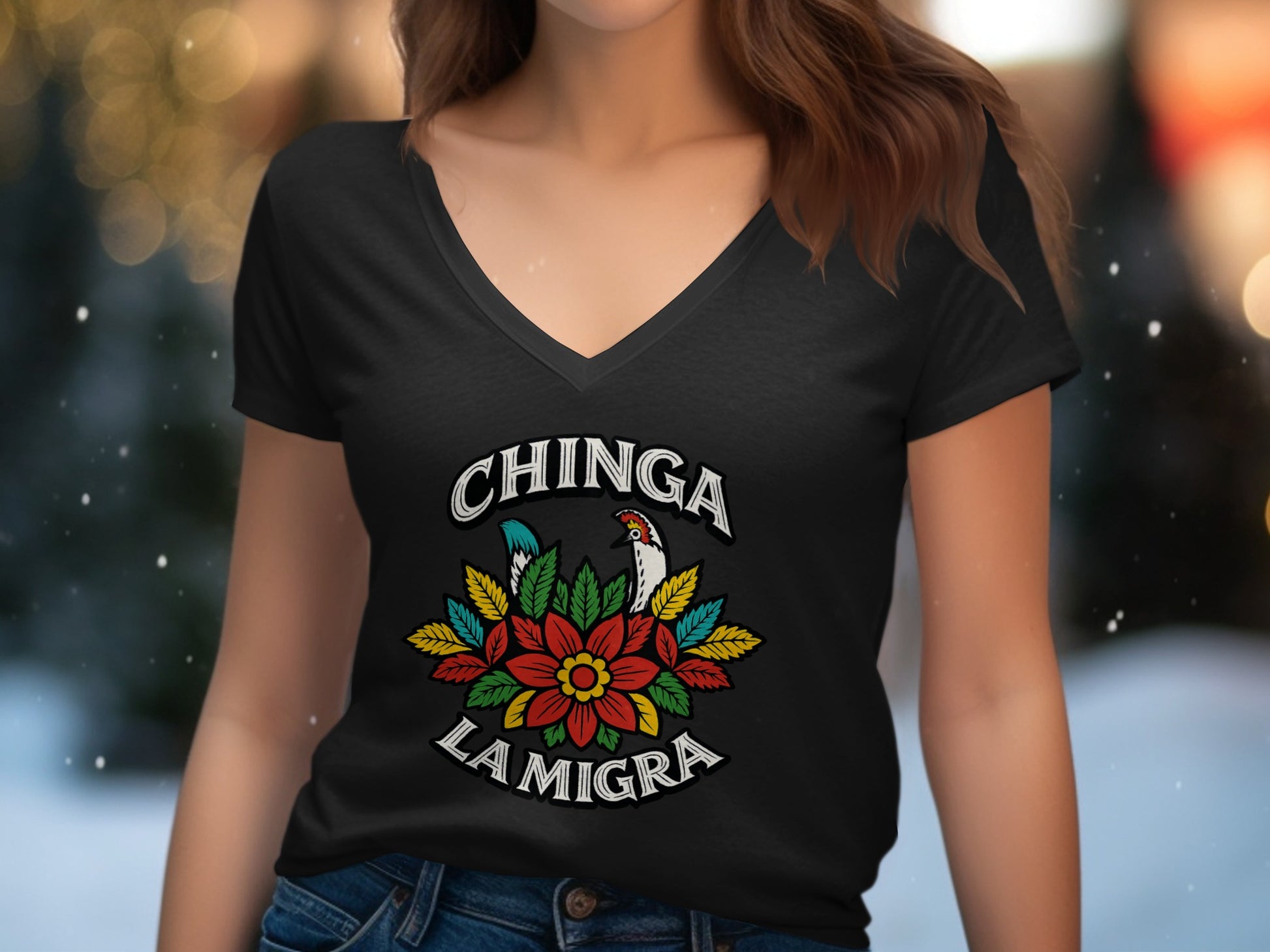 Chinga La Migra Floral Graphic V Neck T Shirt product