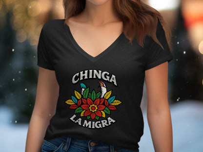 Chinga La Migra Floral Graphic V Neck T Shirt product