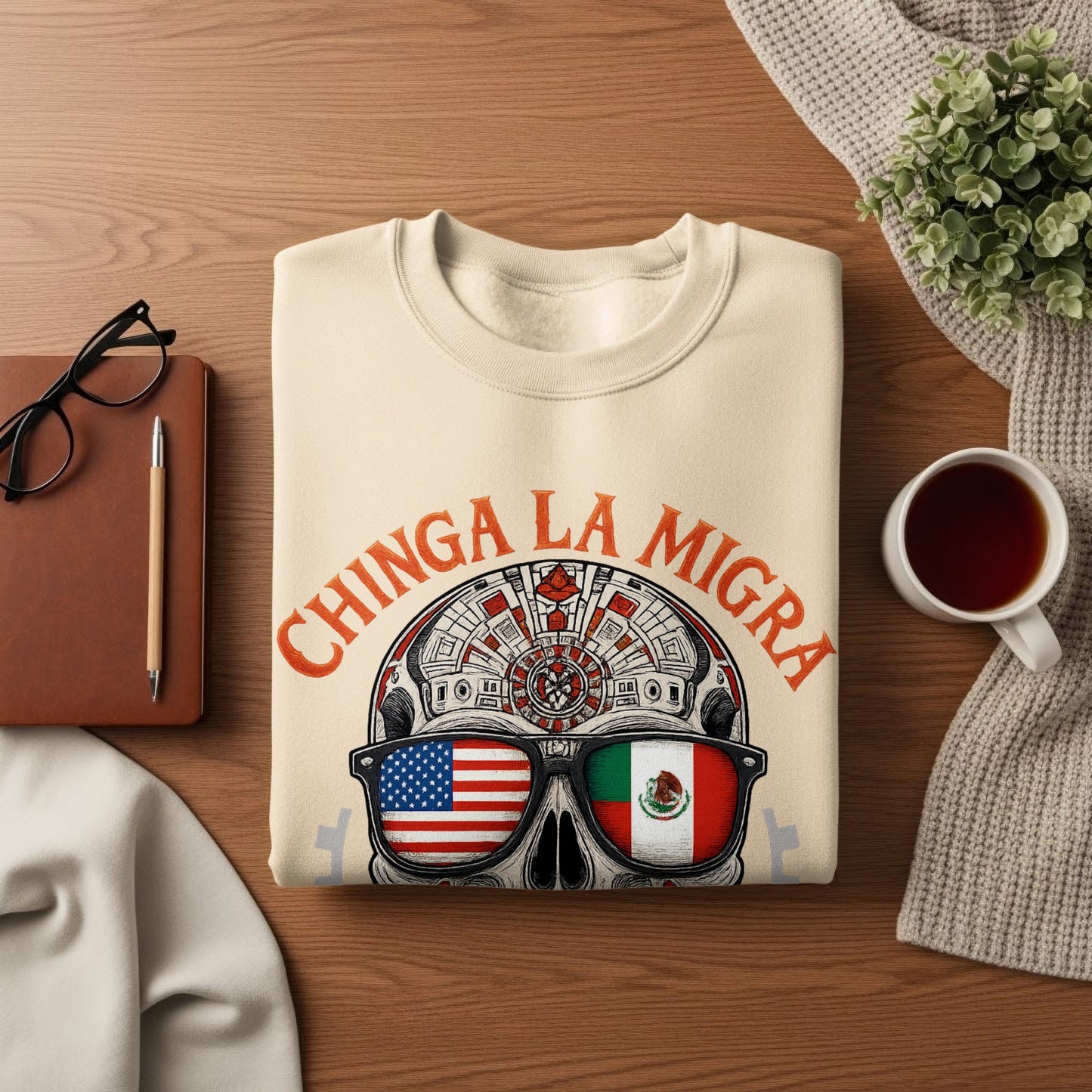 Chinga La Migra Skeleton Sunglasses Flag Graphic Sweatshirt