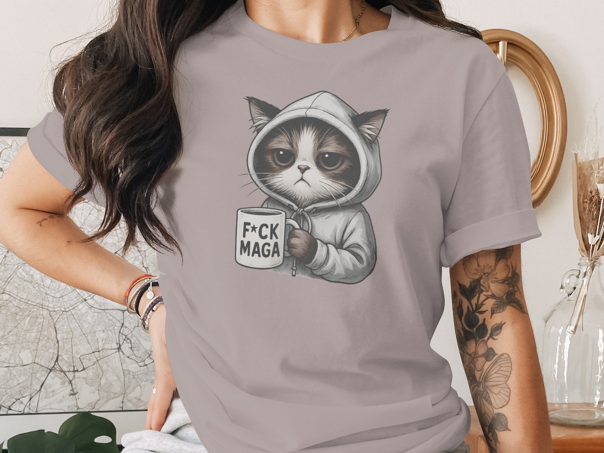 Cat in Hoodie with Mug Graphic Tee