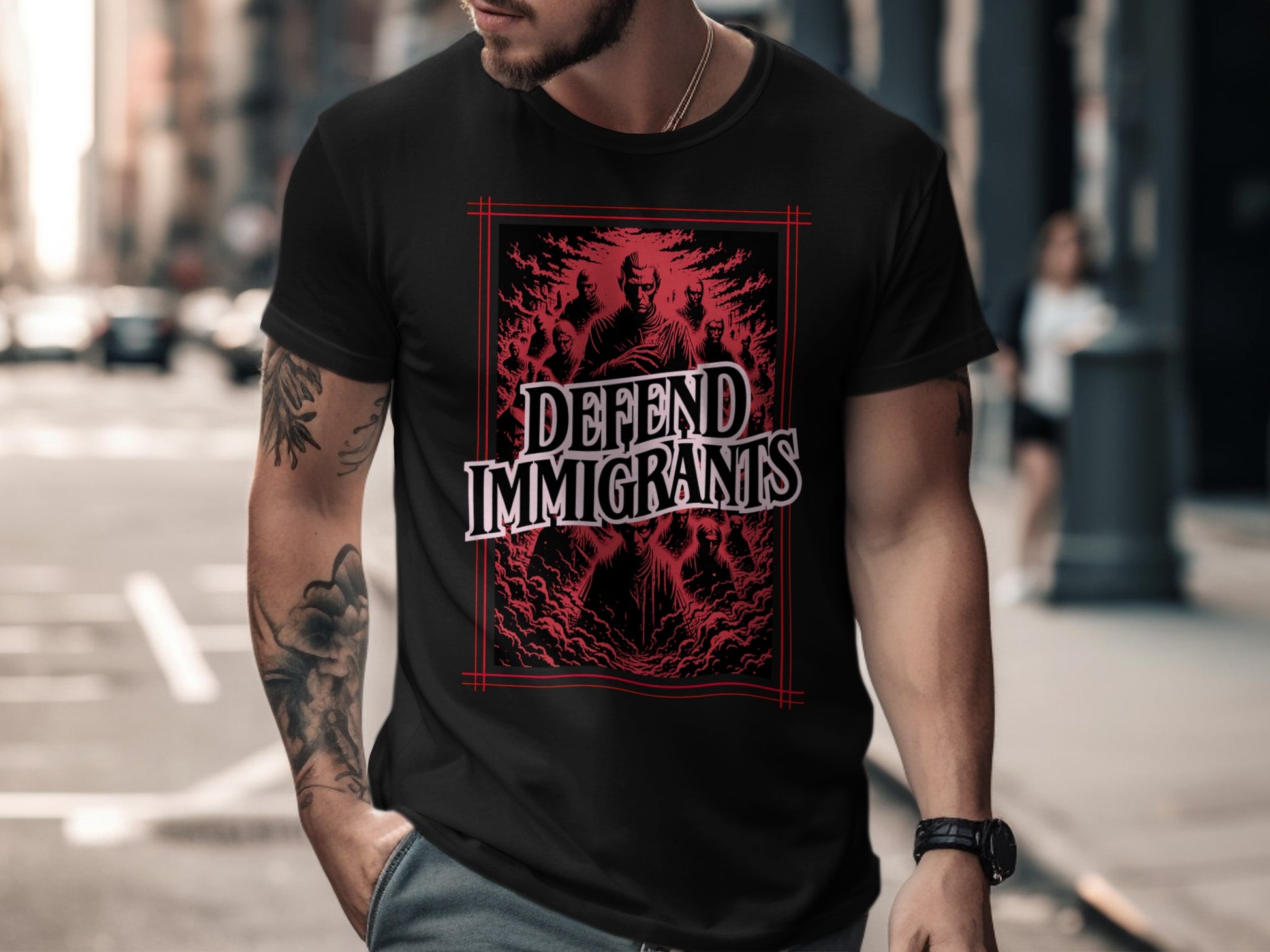 Black t-shirt with "DEFEND IMMIGRANTS" text and stylized figure graphic.