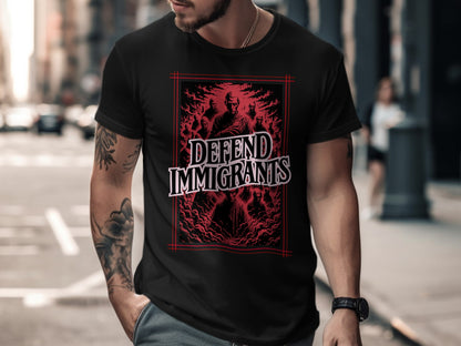 Black t-shirt with "DEFEND IMMIGRANTS" text and stylized figure graphic.