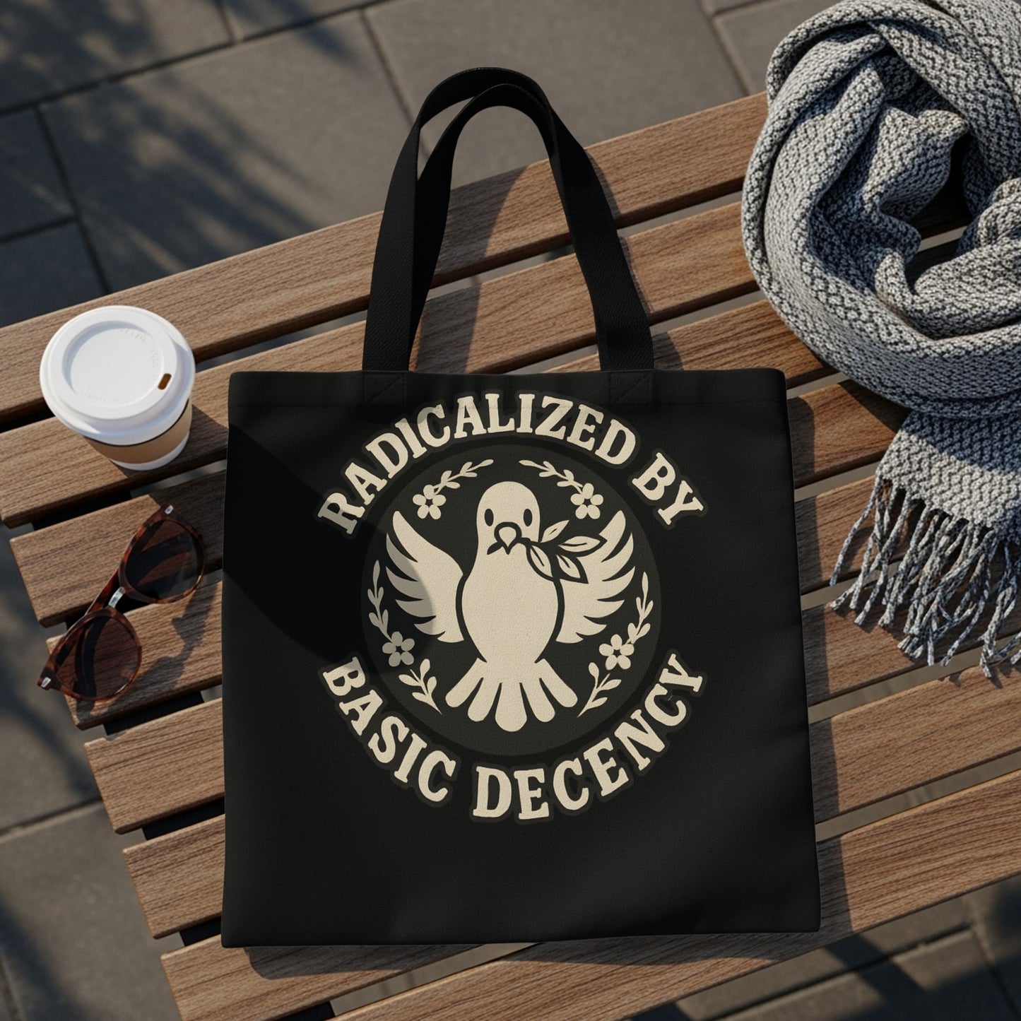 Black tote bag with "Radicalized by Basic Decency" text and a dove emblem.
