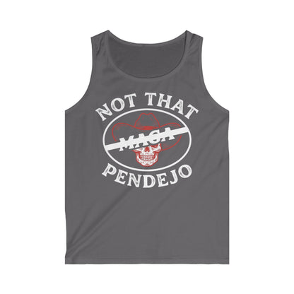 Tank top with white text "NOT THAT PENDEJO" over a red and white crossed-out cowboy hat and skull.