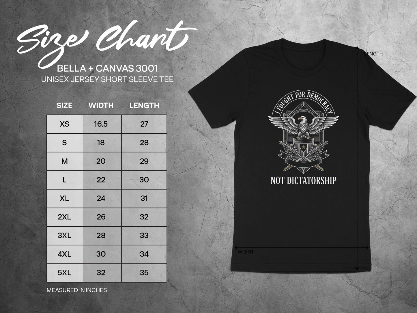 Size chart for Bella + Canvas 3001 unisex t-shirt with measurements.
