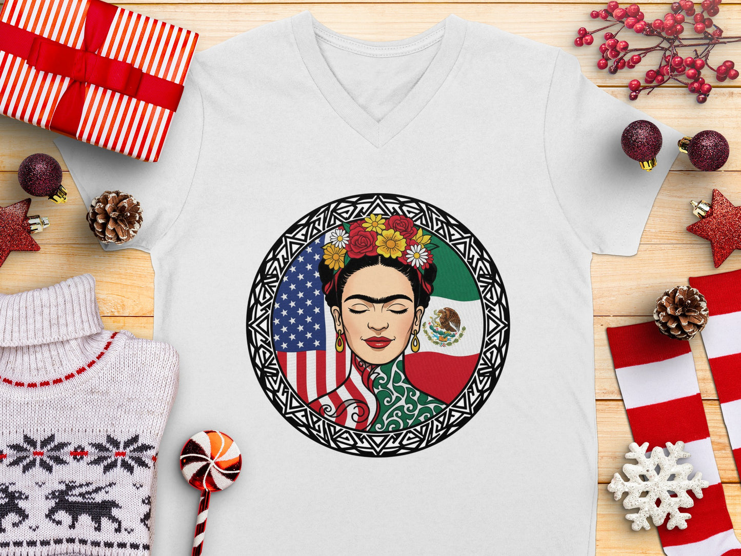 Frida Kahlo V Neck T-Shirt with Creative Design