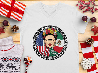Frida Kahlo V Neck T-Shirt with Creative Design