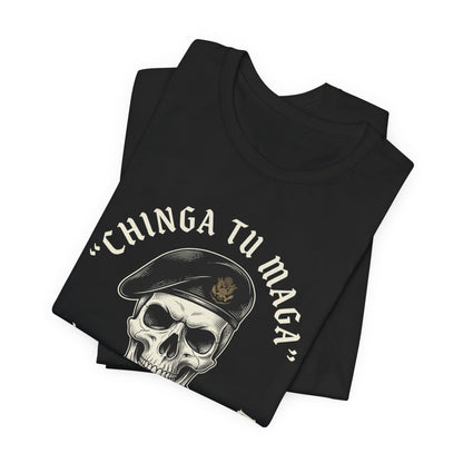Black t-shirt with skull and "CHINGA TU MAGA" text.