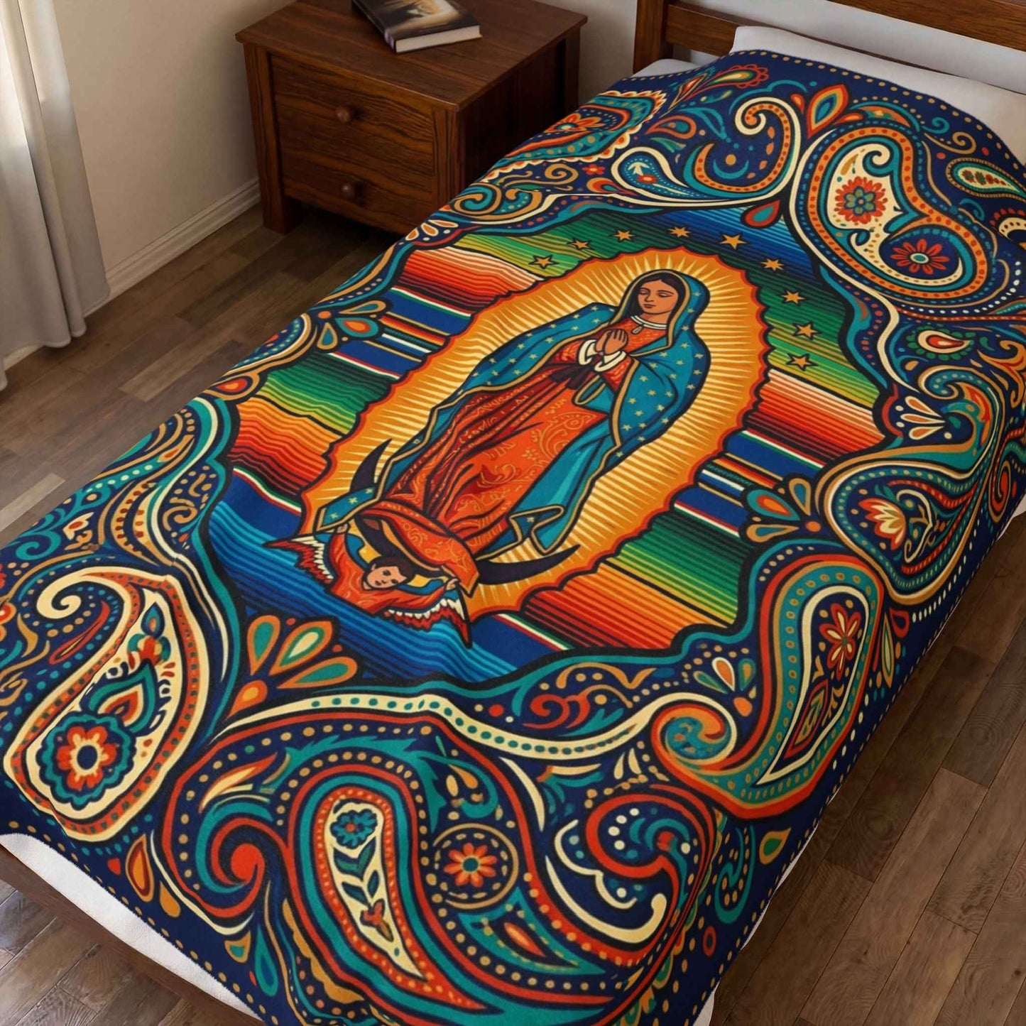 Our Lady of Guadalupe Blanket, Virgen de Guadalupe Throw, Mexican Folk Art Serape Design, Colorful Religious Blankets, Spiritual Home Decor