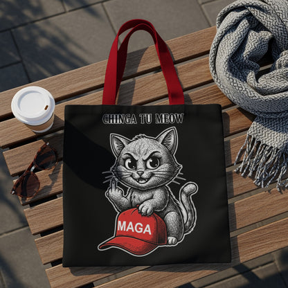Black tote bag with "CHINGA TU MEOW" text and a cat holding a MAGA hat.