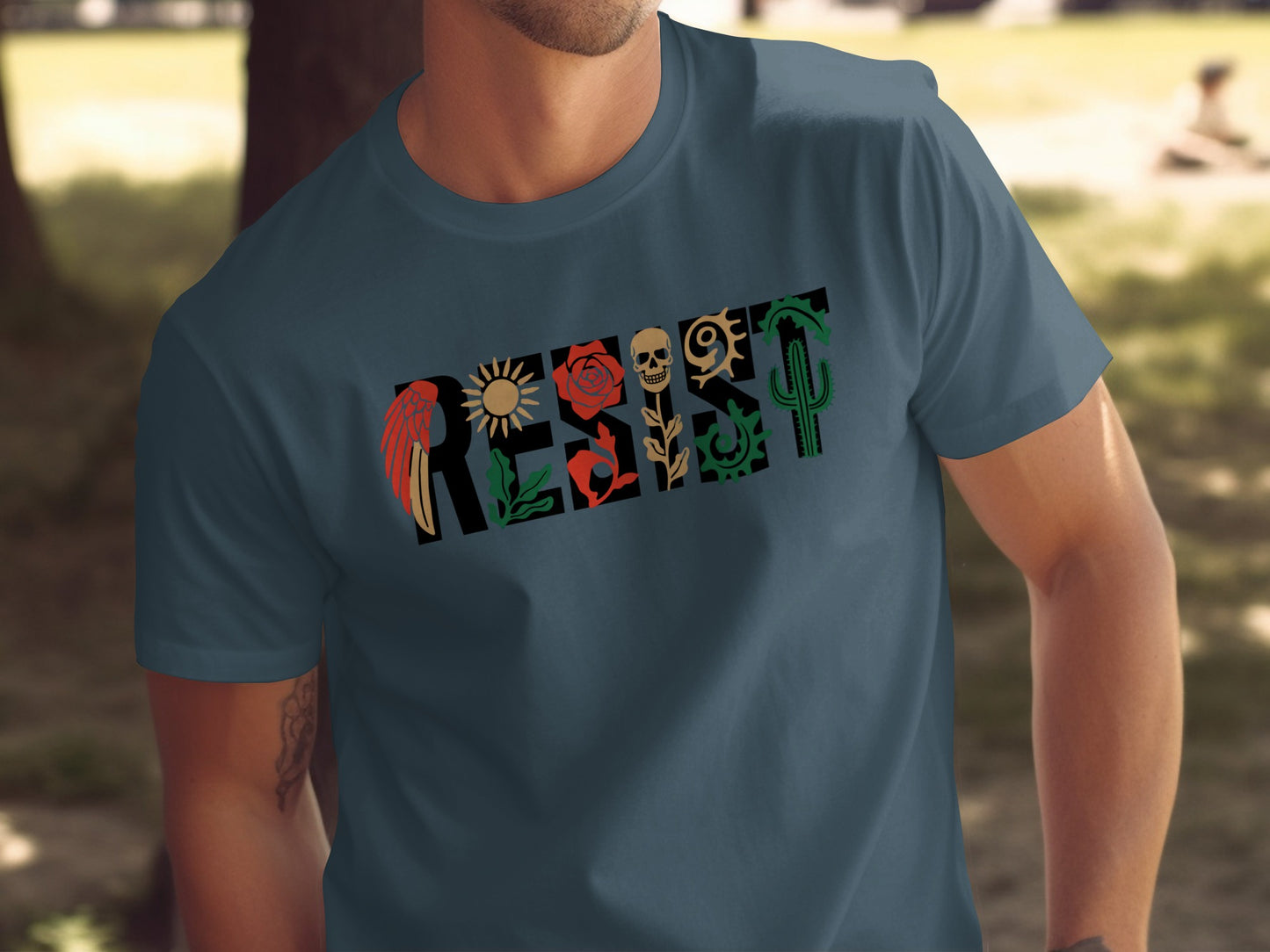 Resist Graphic Tee with Floral and Skull Design