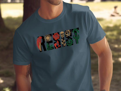 Resist Graphic Tee with Floral and Skull Design