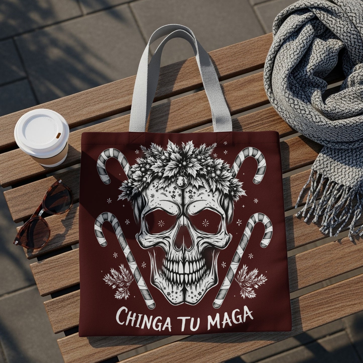 Chinga Tu Maga Skull with Candy Canes Tote Bag