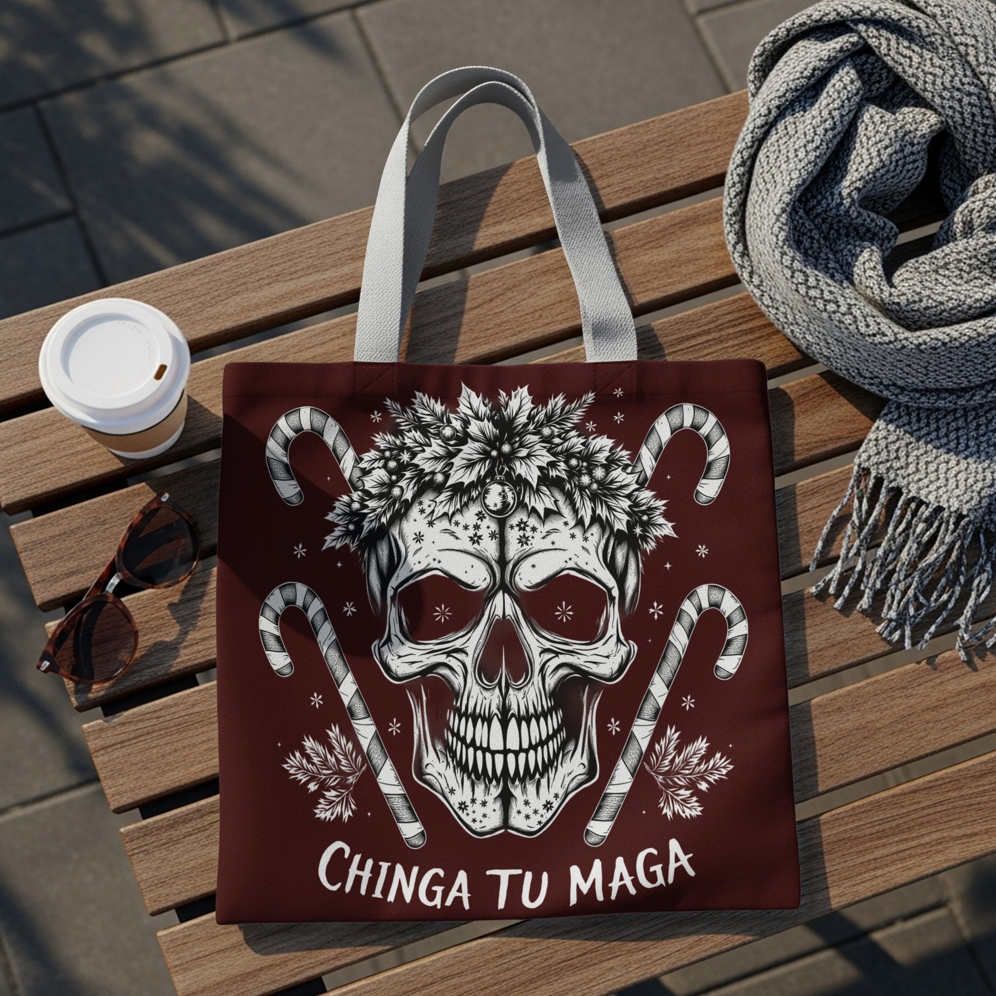 Chinga Tu Maga Skull with Candy Canes Tote Bag
