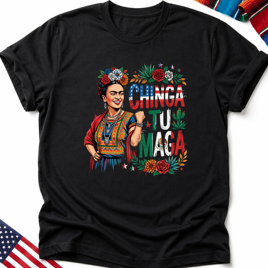 Black t-shirt with Frida Kahlo graphic and "Chinga Tu M---" text.