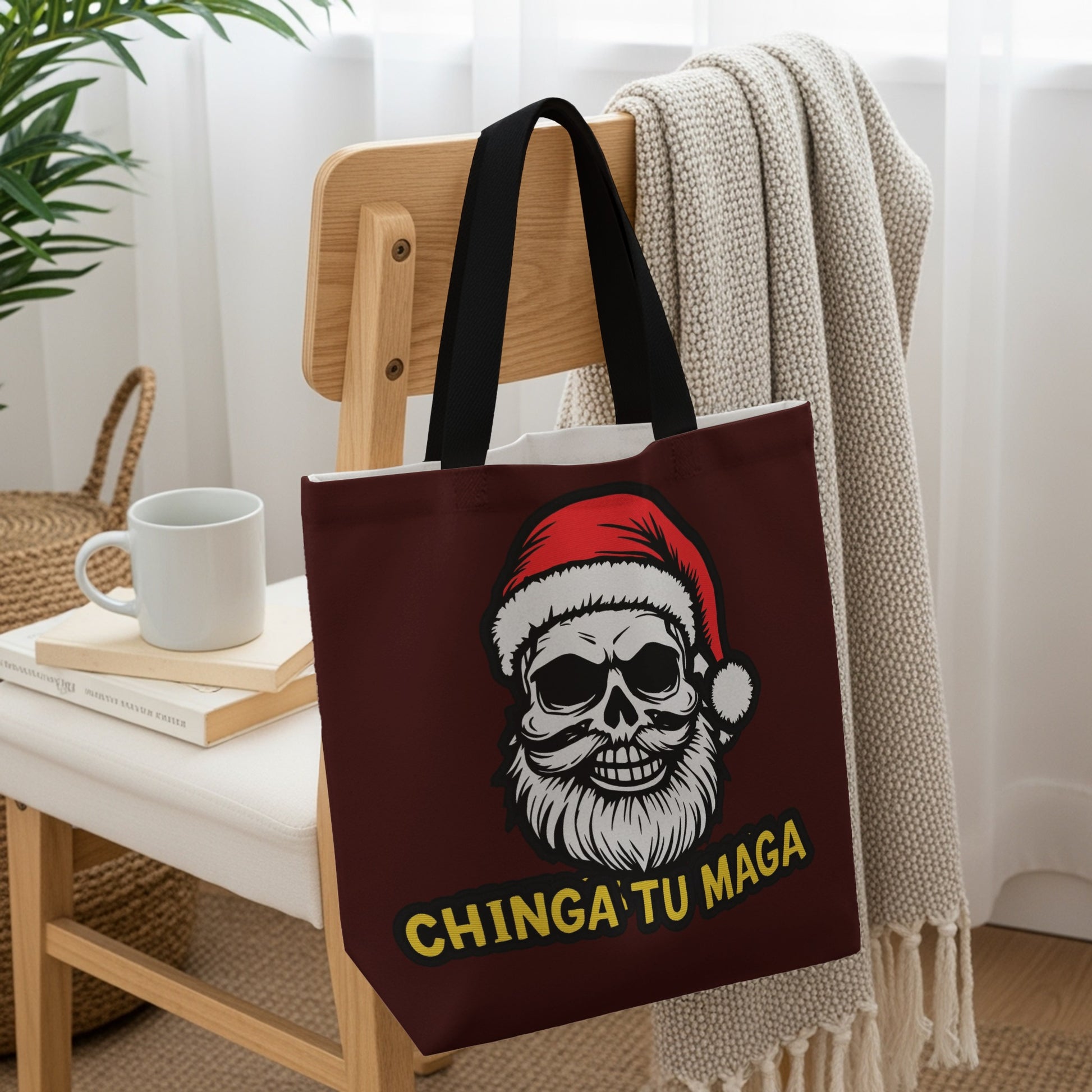 Skull with Santa Hat Chinga Tu Maga Tote Bag