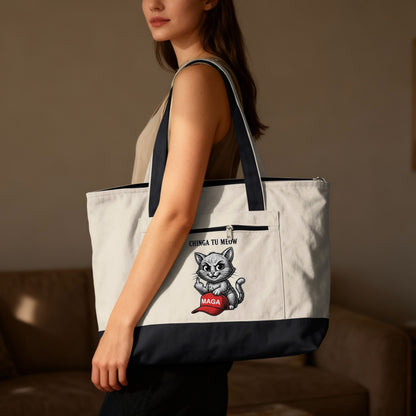 Canvas tote bag with cat graphic and "MAGA" text.