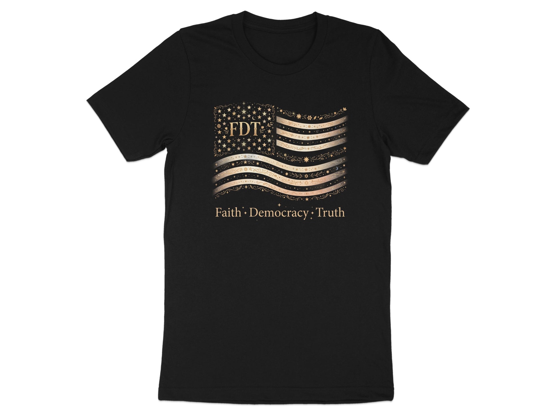 Black t-shirt with gold American flag graphic and text FDT Faith Democracy Truth.