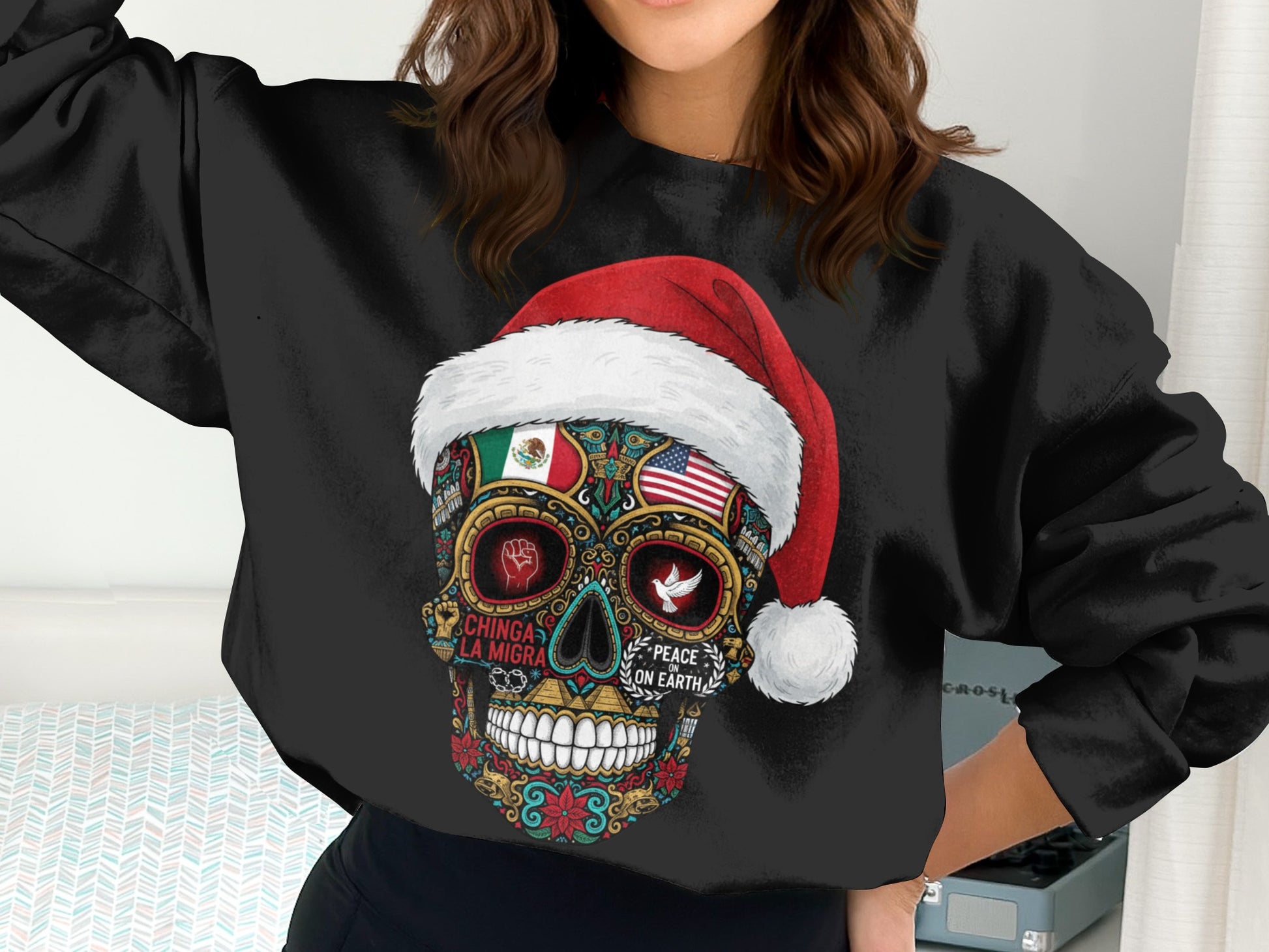 Festive Holiday Skull Santa Graphic Long Sleeve Shirt