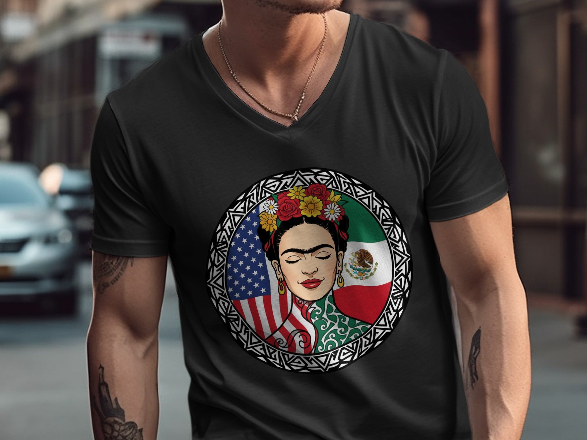 Frida Kahlo Fusion Art V-Neck T-Shirt