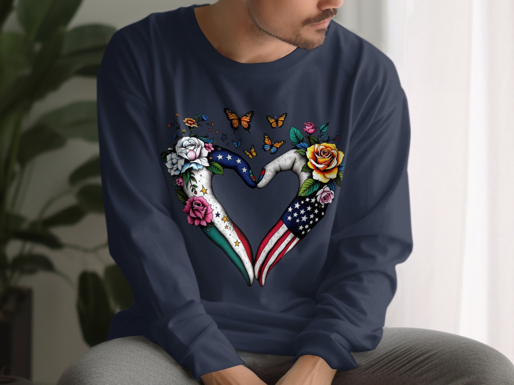 Patriotic Heart and Flowers Design Long Sleeve Shirt