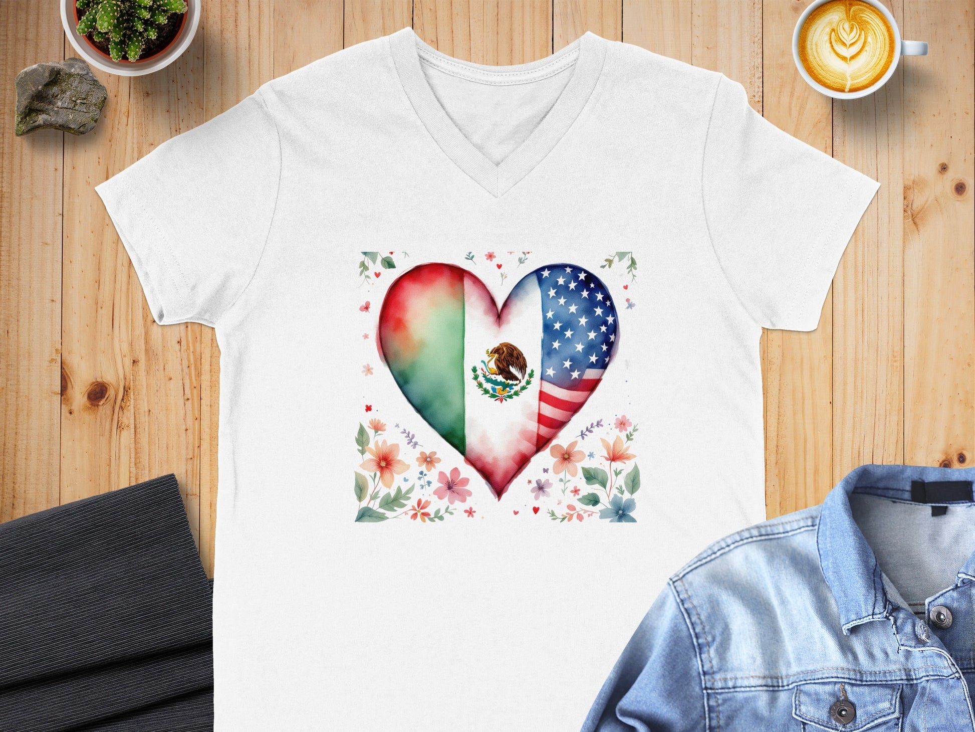 Mexican American Heart Design V-Neck T-Shirt product