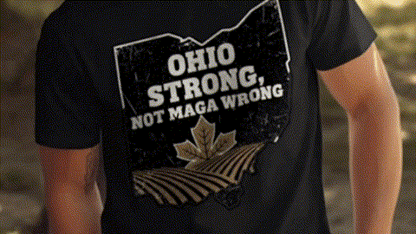 A black t-shirt with a graphic design on the back, featuring a graphic of a state with the text "OHIO STRONG, NOT MAGA WRONG" printed on it.