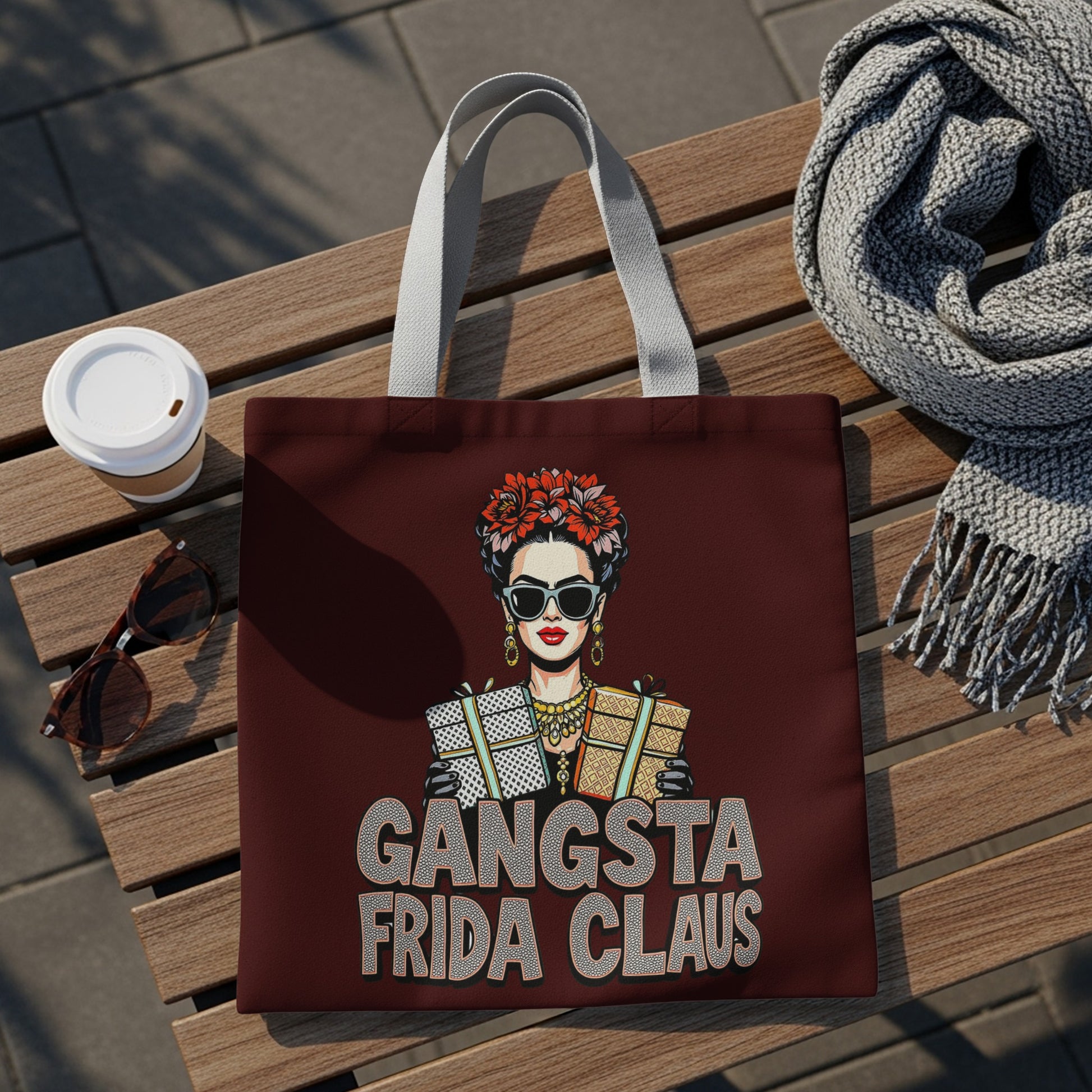 Gangsta Frida Claus tote bag for stylish shoppers