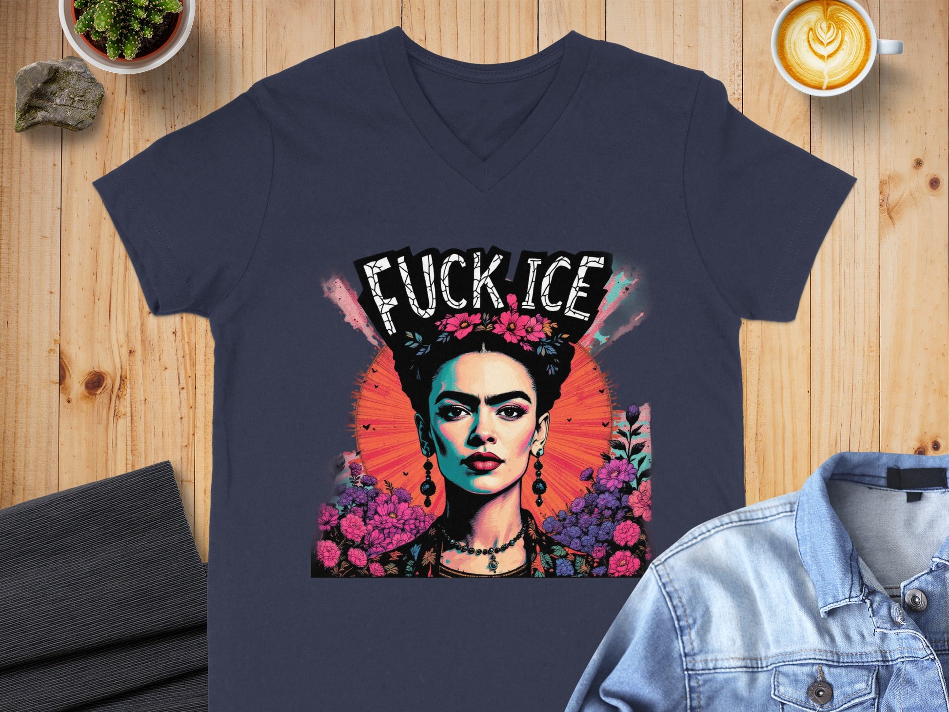 Vibrant Frida Kahlo Fuck Ice statement shirt