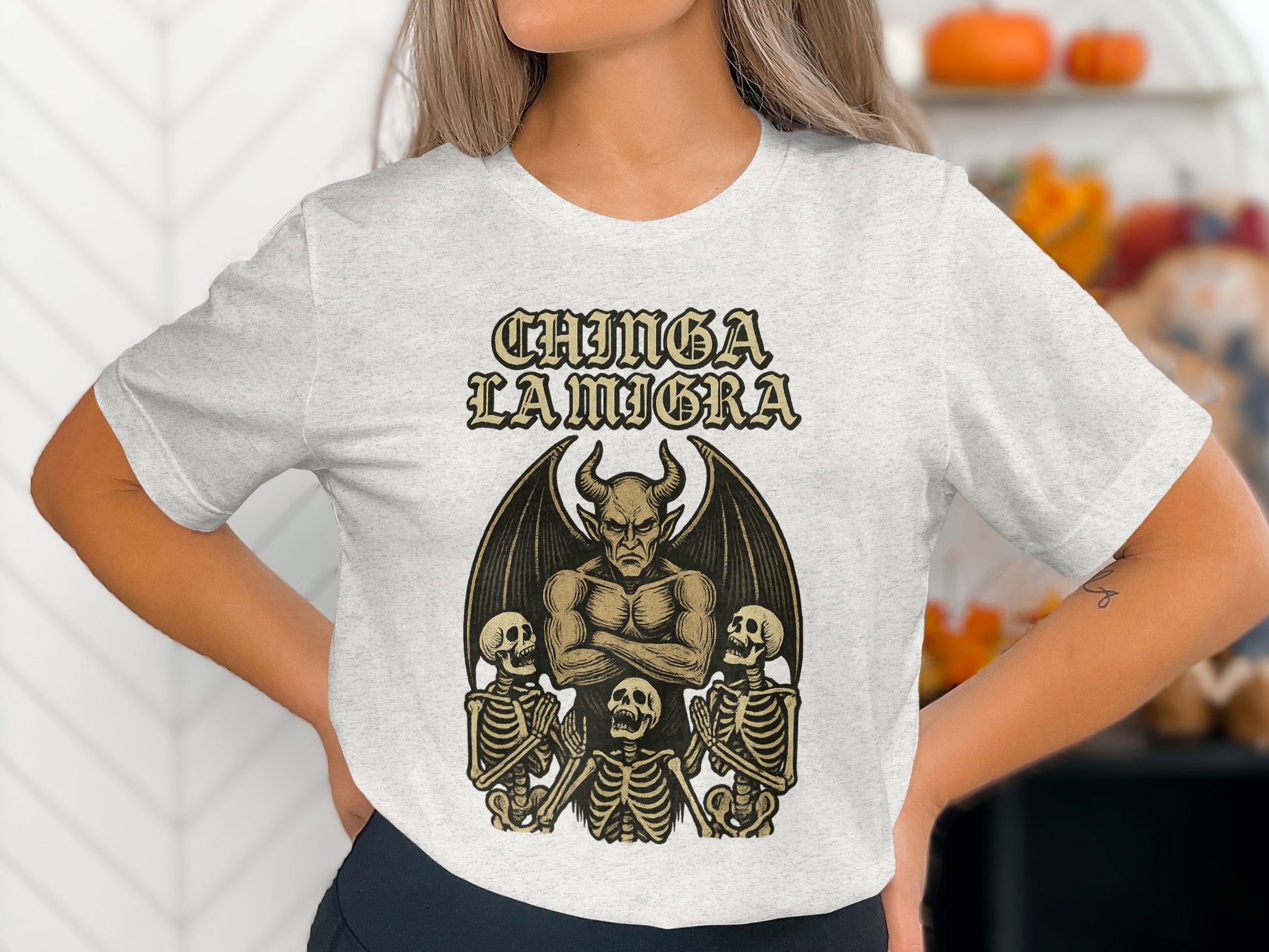 Chinga La Migra Devil with Skull Graphic Shirt product type
