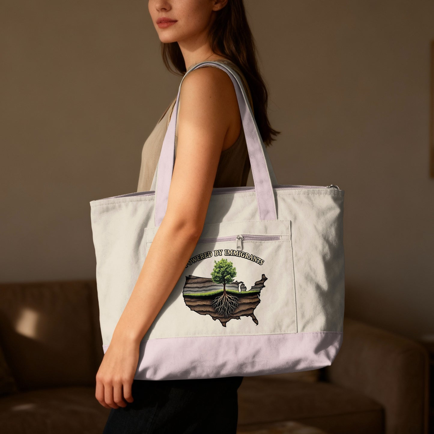 Tote bag featuring a tree growing from a cross-section of the USA.