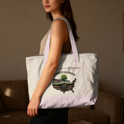 Tote bag featuring a tree growing from a cross-section of the USA.