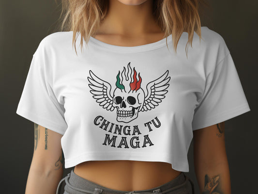 Chinga Tu Maga Winged Skull Crop Top Shirt product