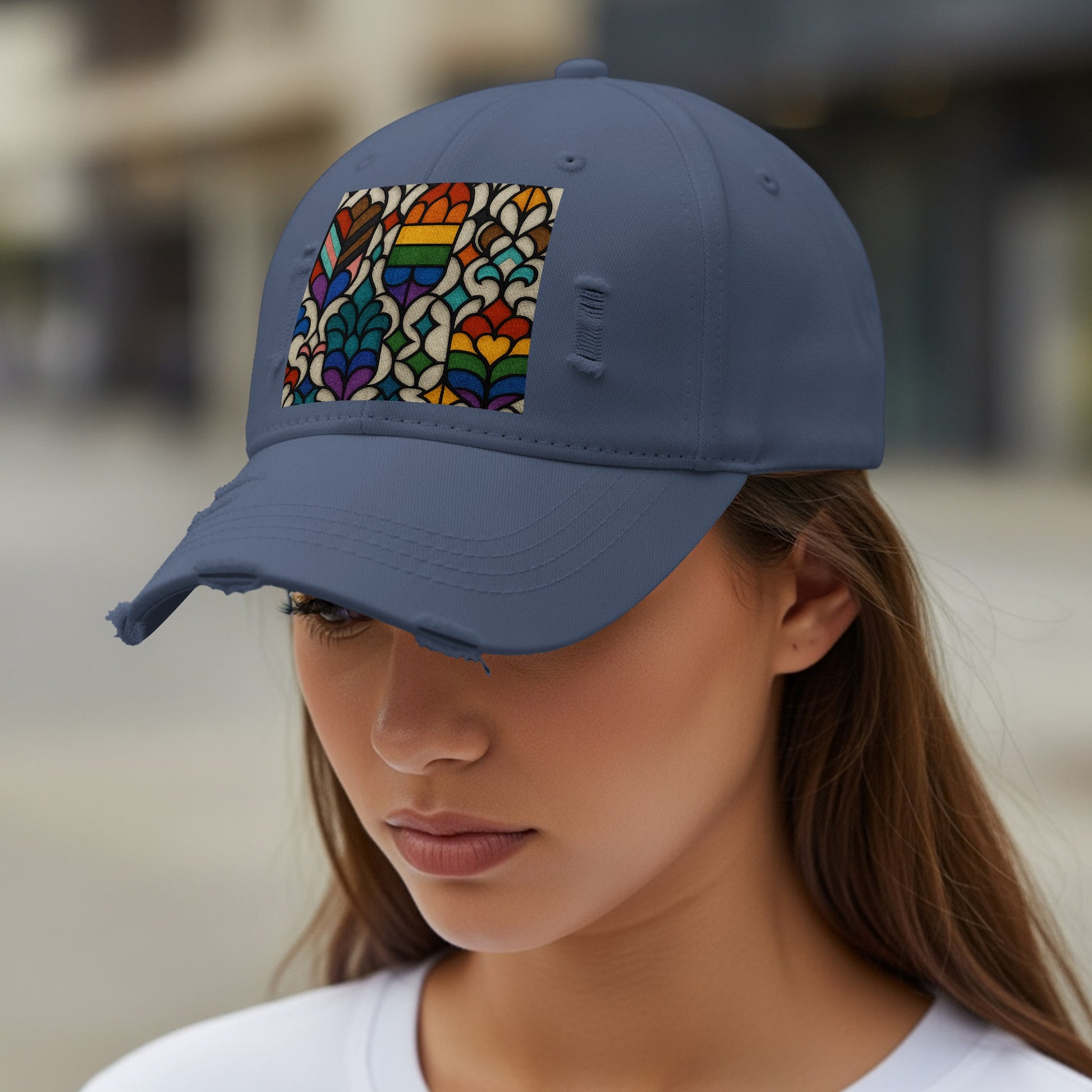 Colorful Stain Glass Pattern Distressed Cap Hat product