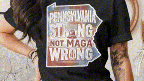 A person wearing a black t-shirt with a graphic design that says "Pennsylvania Strong Not MAGA Wrong".