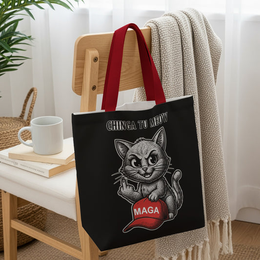 Black tote bag with "CHINGA TU MEOW" and a cat wearing a MAGA hat.