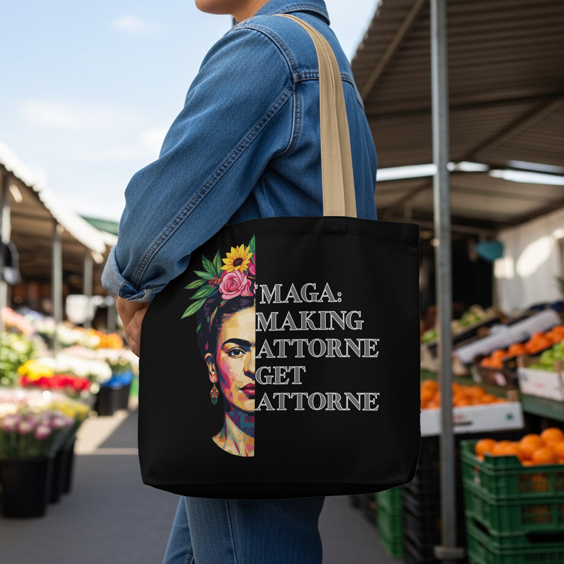 Black tote bag with Frida Kahlo portrait and text "MAGA: MAKING ATTORNATE GET ATTORN".