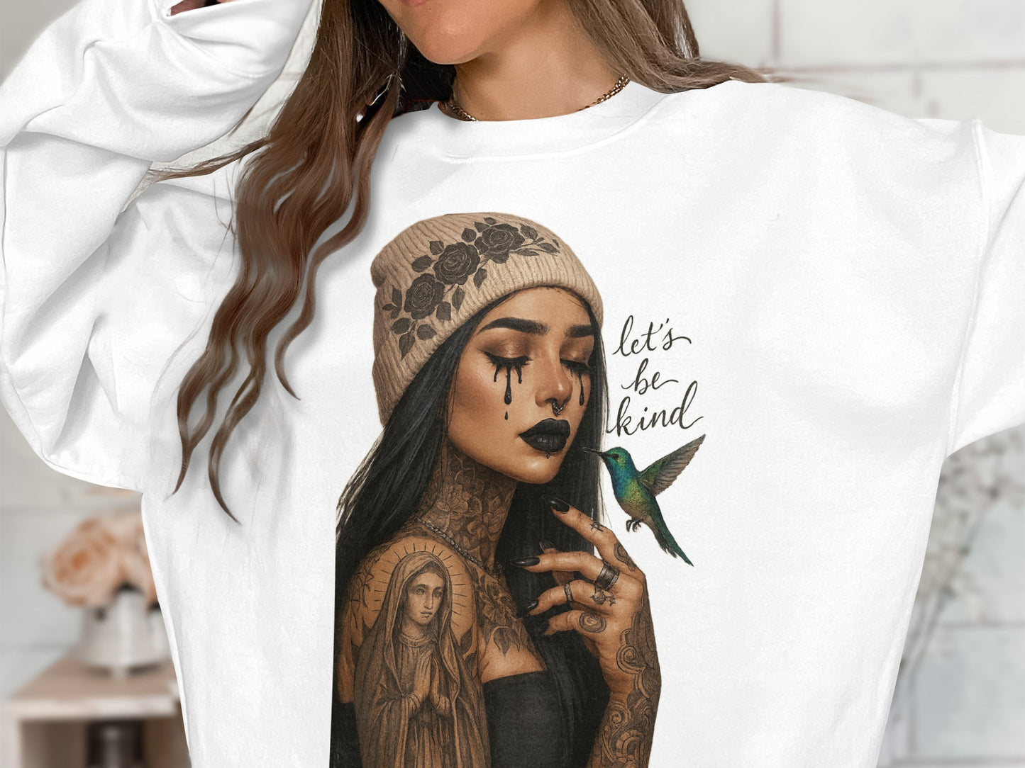 Let's Be Kind Tattooed Woman Art Sweatshirt product