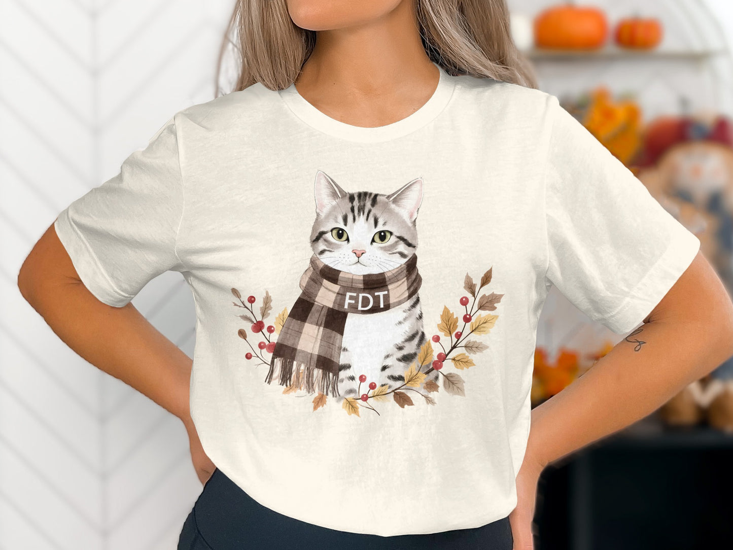 Cute Autumn Cat Graphic Print Short Sleeve Shirt